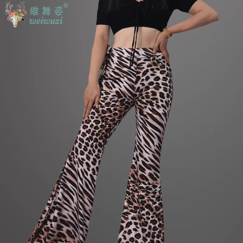 Pantalon d'entraînement de danse du ventre pour femmes, pantalon évasé à tambour, Leggings léopard Sexy, contrôle du ventre, vêtements de danse imprimés Slim