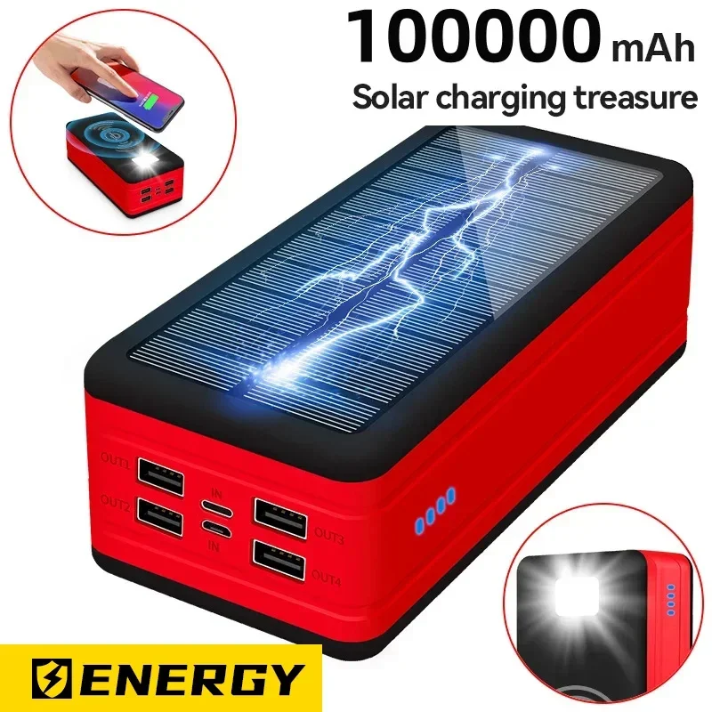 New Solar Power Bank 100000mAh LED Lighting Multifunctional Outdoor Waterproof Belt Charging Super FastPower Bank