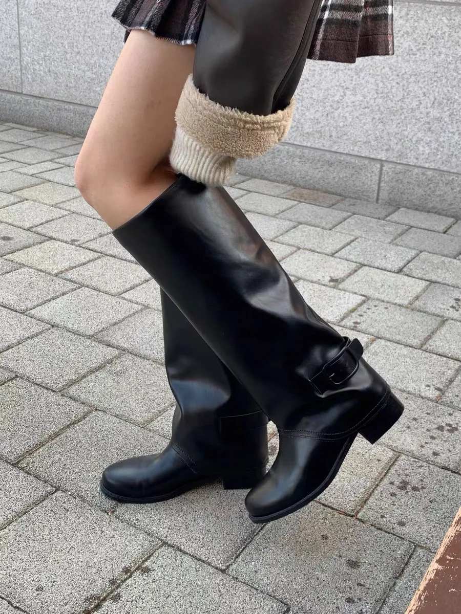 

Belt Buckle Decor Round Toe Knee High Boots Block Chunky Heel Fashion Women's Long Modern Boots Autumn Winter Black Solid