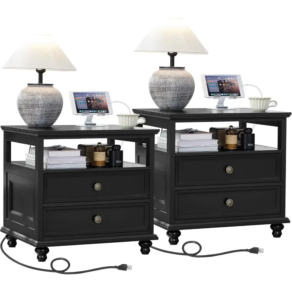 

Farmhouse Nightstand Set of 2 with Charging Station, 24" Wide End Table with 2 Drawers,Wood Dresser for Bedroom