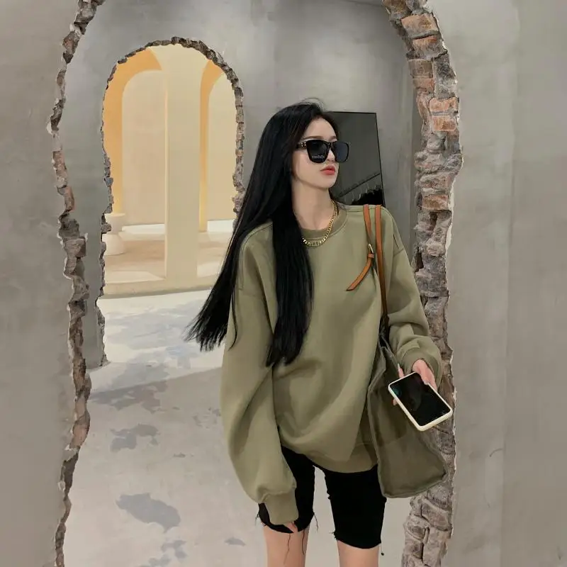 Suéter de mujer estilo otoño manga larga suelto verde cuello redondo Top mujer