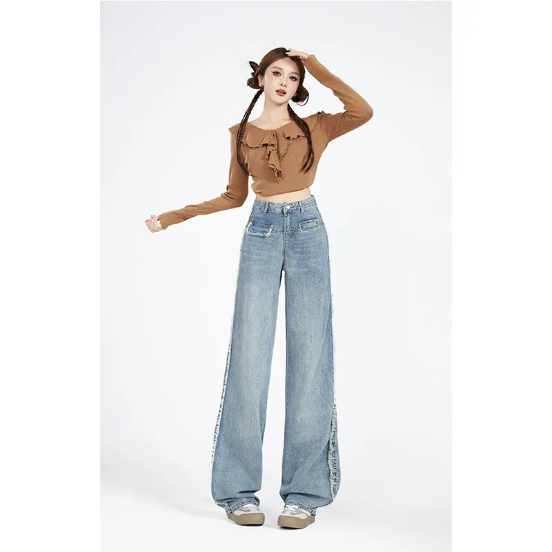 

American Sle Light Wa Wide Leg Jeans High Waist Long Trousers Slimming Straight Drop Crotch Pants for Autumn Faion