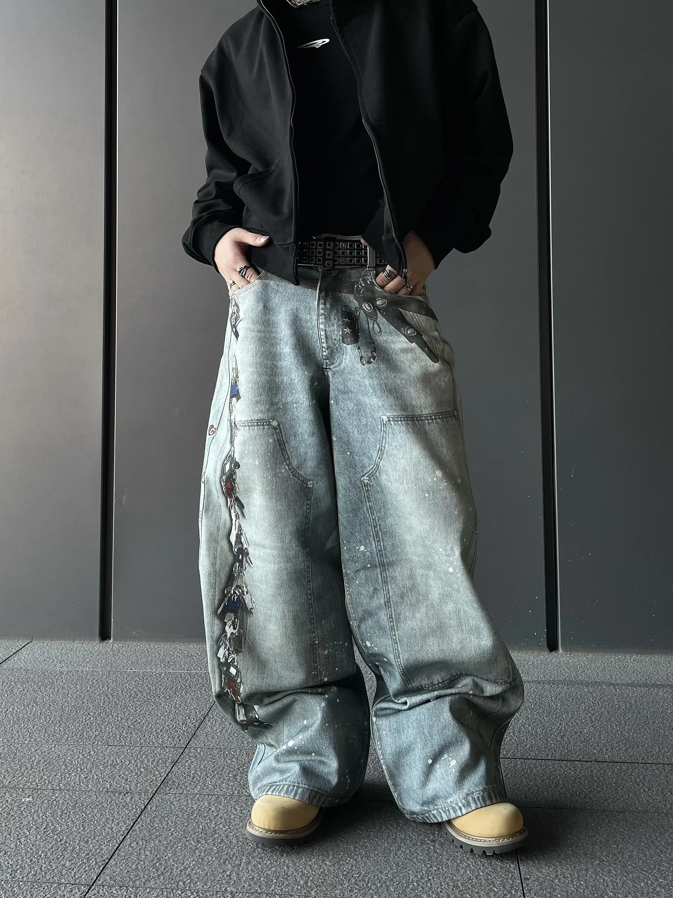 

American High Street Digital Printing Spray Painting Decorative Logging Workwear Loose Straight Leg Jeans for Men Casual Wear