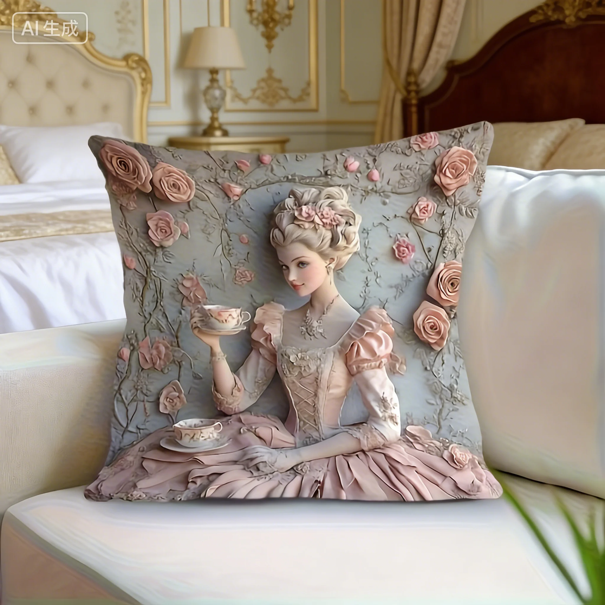 Vintage French Rococo Pillow Cover 2D  Rose Floral Print Marie Antoinette Style Cushion Case for Sofa Bed Couch Luxury