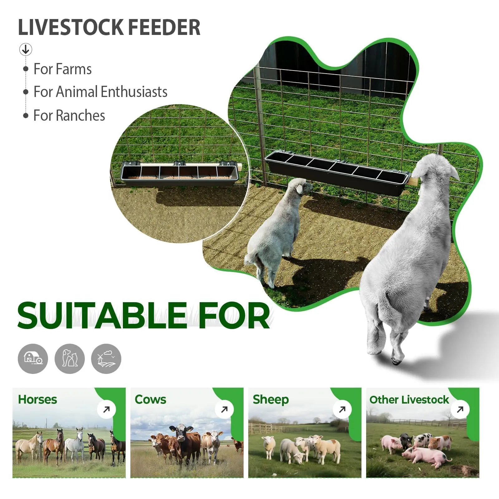 37.63In Goat Feeder, 2.5 Gallon Livestock Feeding Rack, Divided and