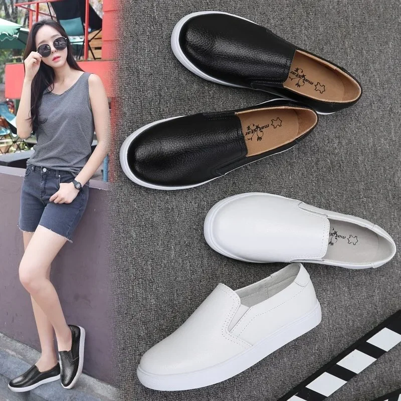 Women Ladies Female Gril Genuine Leather White Shoes Flats Platforn Sneakers Slip On Soft Vulcanized Shoes