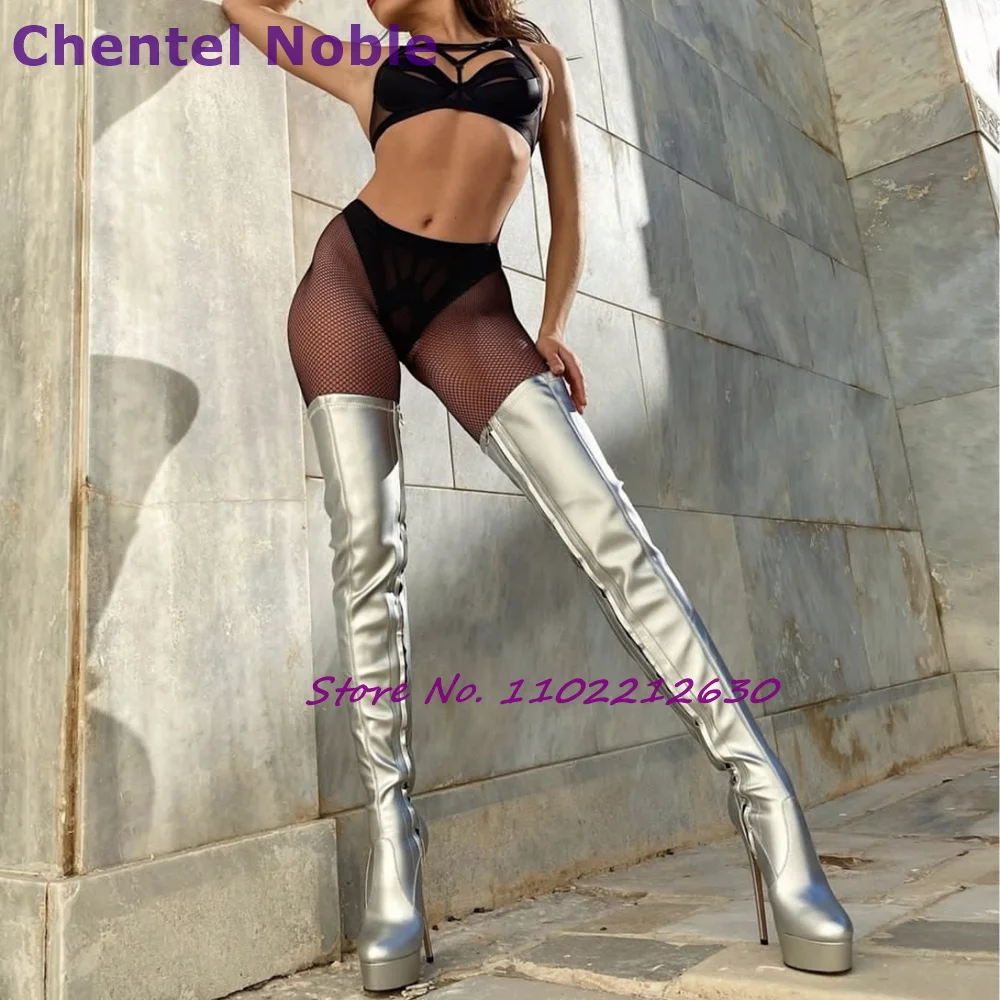 

Sliver Thigh High Boots Pointy Toe Platform Super Thin High Heels Boots Fashion Sexy Women Shoes Winter Catwalk Party Stilettos