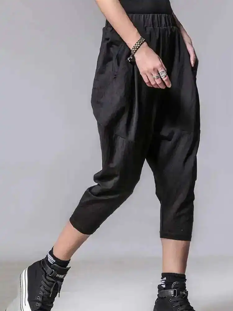 

High Elastic Waist Black Pockets Casual Harem Pants New Loose Fit Trousers Women Fashion Tide Spring Autumn