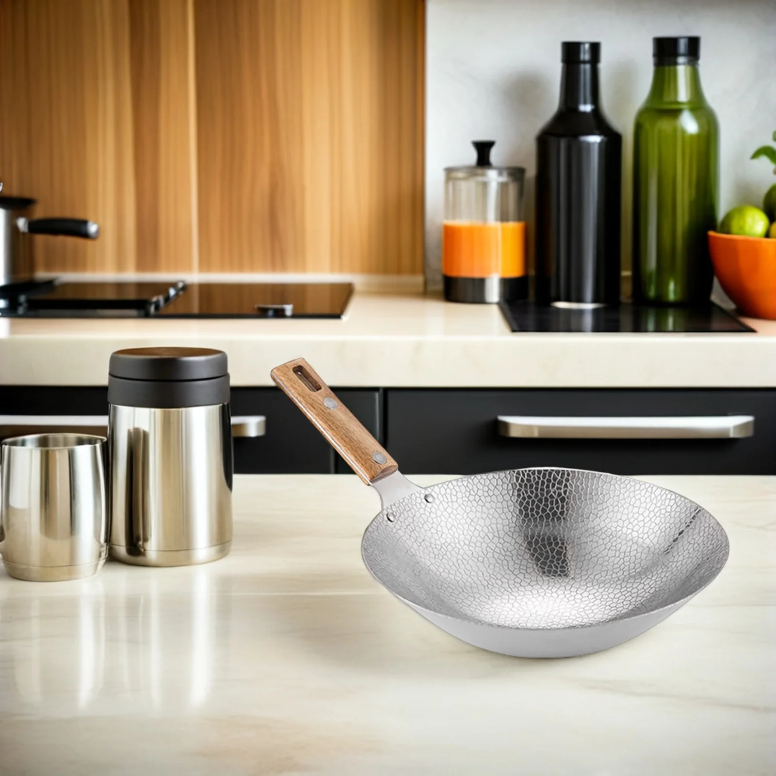 

Cooking Wok Stainless Steel Traditional Wok Wooden Handle Kitchen Pan Frying Pan Multipurpose Home Kitchen Accessory