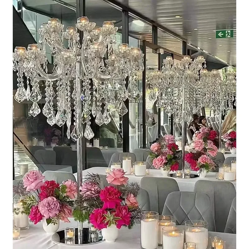 15 Arm Gold Metal Candlestick Tall Wedding Centerpiece Crystal Road Lead Ornament for Party Decoration Elegant Table Stand