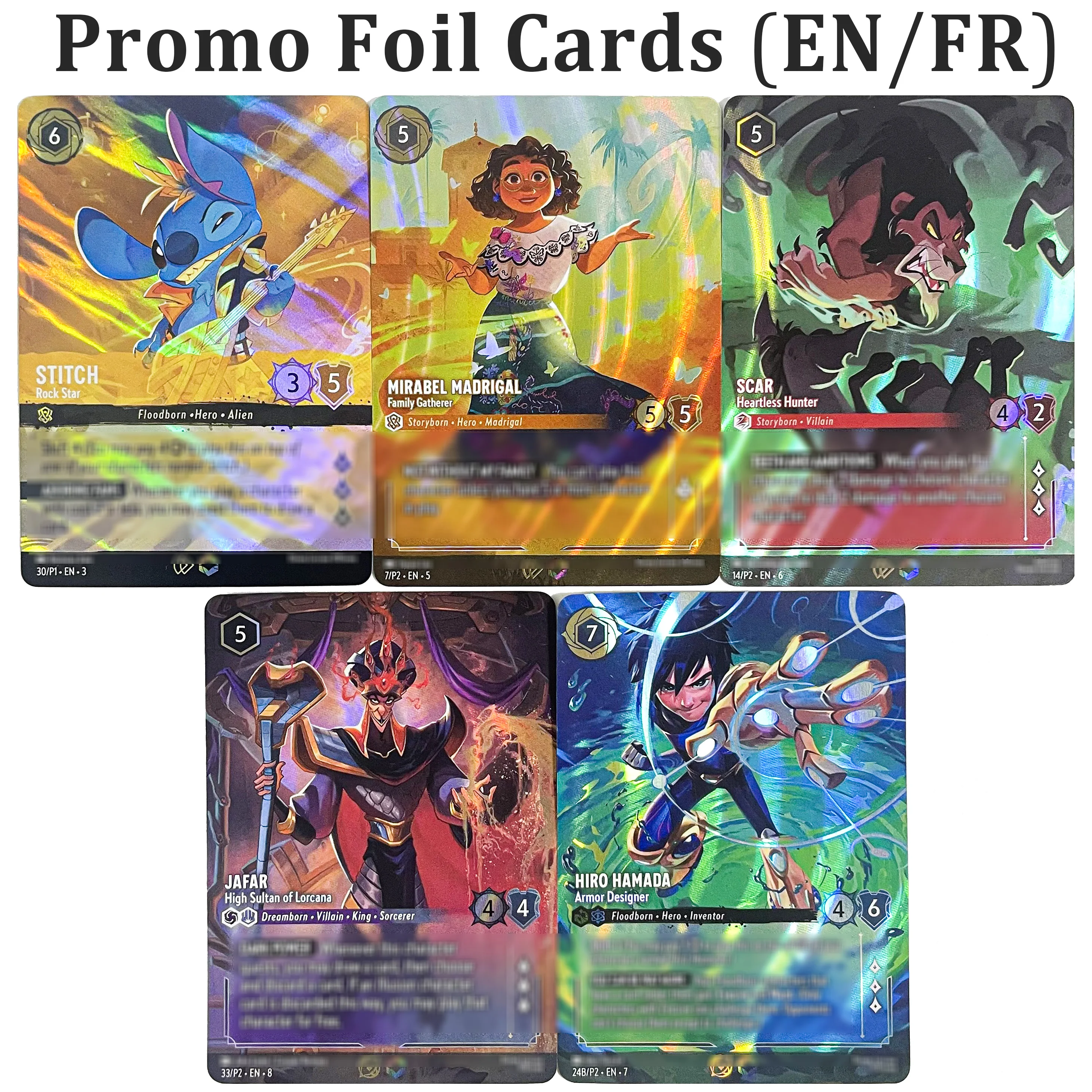 

5 шт. PROXY Lorcana промо фольгированные карты JAFAR HIRO HAMADA SCAR MIRABEK MADRIGAL STITCH TCG игровая коллекционная карта