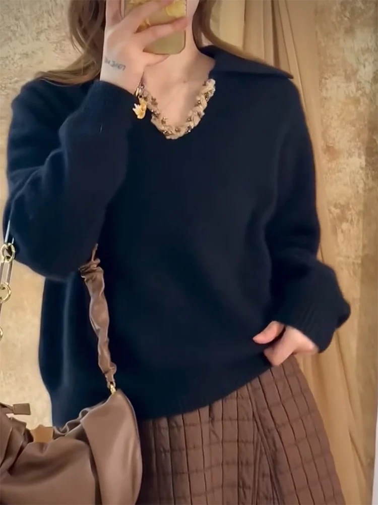 

Вязаный свитер Ele Splice с отложным воротником, универсальный женский топ больших размеров, стройнящий фигуру, для осени и зимы