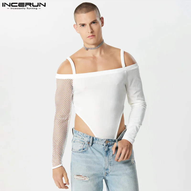 INCERUN 2024 Sexy Style Men's Homewear Fashion Solid Comfortanle Bodysuits Handsome Male Digging Mesh Long Seeved Jumpsuit S-5XL