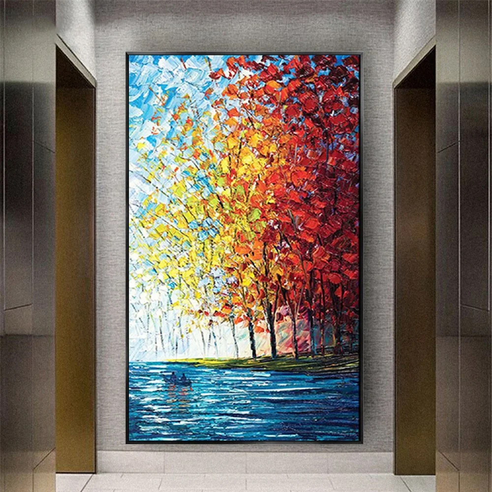 

100% Handmade Oil Paintings 3d Red Trees Pattern Large Size Abstract Modern Wall Art Pictures Thick Texture Poster Decor Home