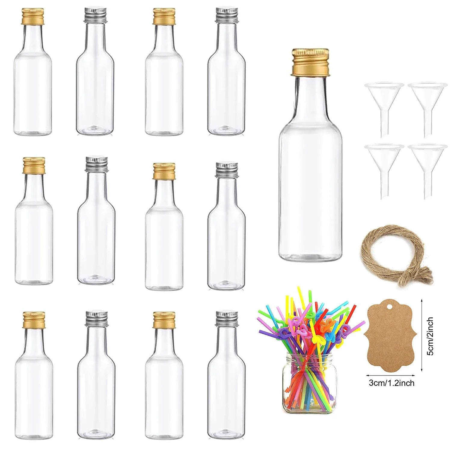 Recarregáveis Mini Garrafas De Licor com Tampas De Prata e Ouro, Pequenas Garrafas De Plástico para Álcool, Favores De Festa De Casamento, 5PCs