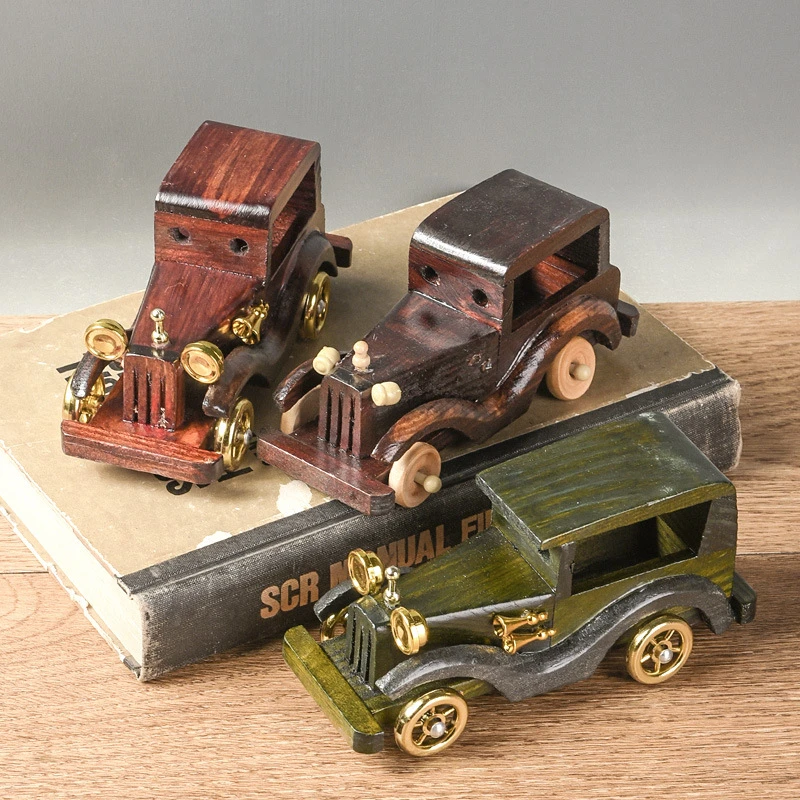 Retro Wooden Classic Car Train Model Decorative Ornaments Wooden Handmade Home Office Ornaments Collection Gifts Children\'s Toys