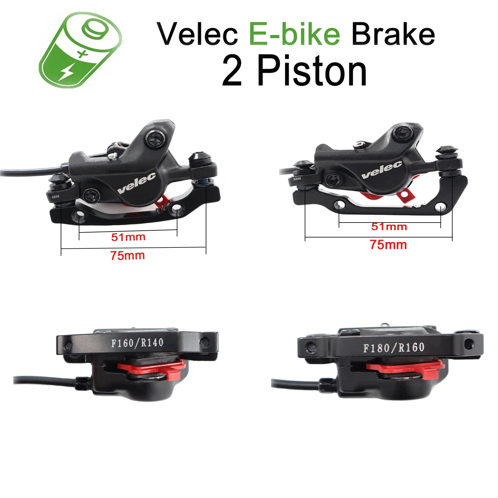 Velec E-Bike Ensemble de freins à disque hydrauliques 2 pistons Mise hors tension Vélo électrique Vélo Scooter VTT Avant Arrière Tuyau d'huile 950mm 1650mm