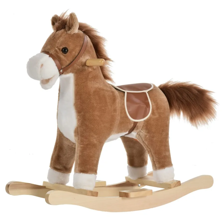 

Rocking Horse Plush Animal on Wooden Rockers Baby Rocking Chair with Sounds Moving Mouth Wagging Tail Brown