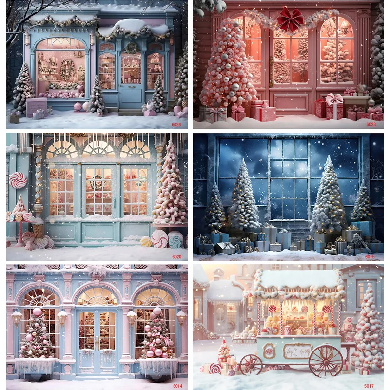 Christmas Tree Presents Flower Wreath Photography Backrops Window Snowman Pink House Door Anniversary New Year Photo Background