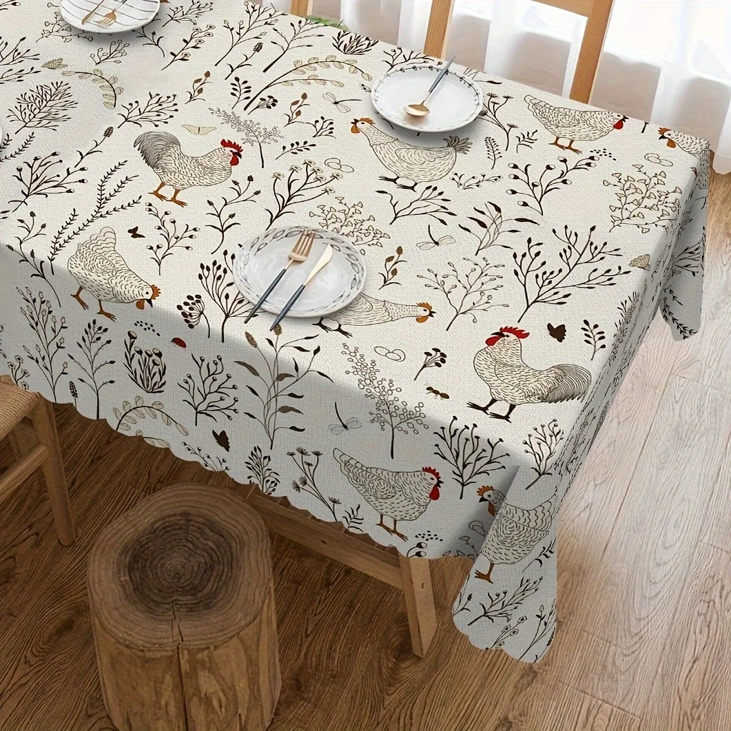 1 piece, farmhouse-style chicken tablecloth, round tablecloth with farm-themed pictures of roosters and henszyc