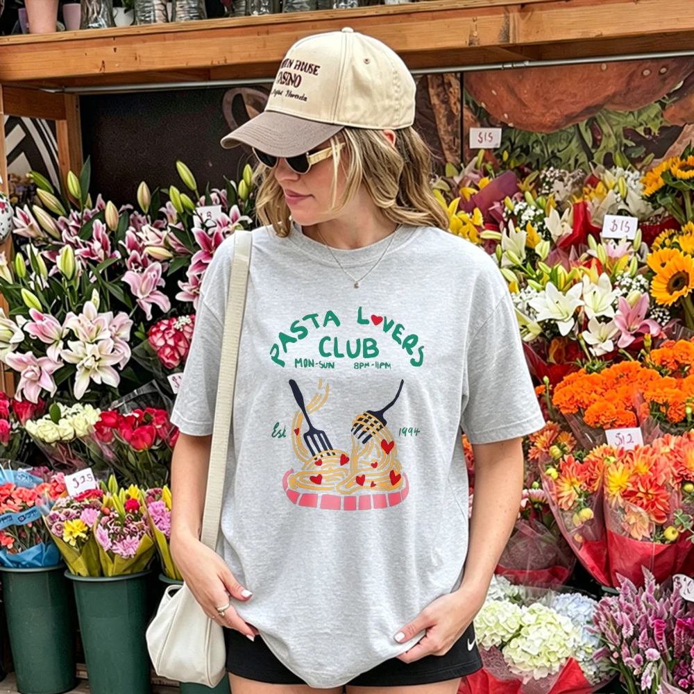 Women Pasta Lovers Club Print T Shirt Spaghetti Fork Pattern Tee Soft Cotton Casual Daily Outfit Food Theme Ladies Basic Tops