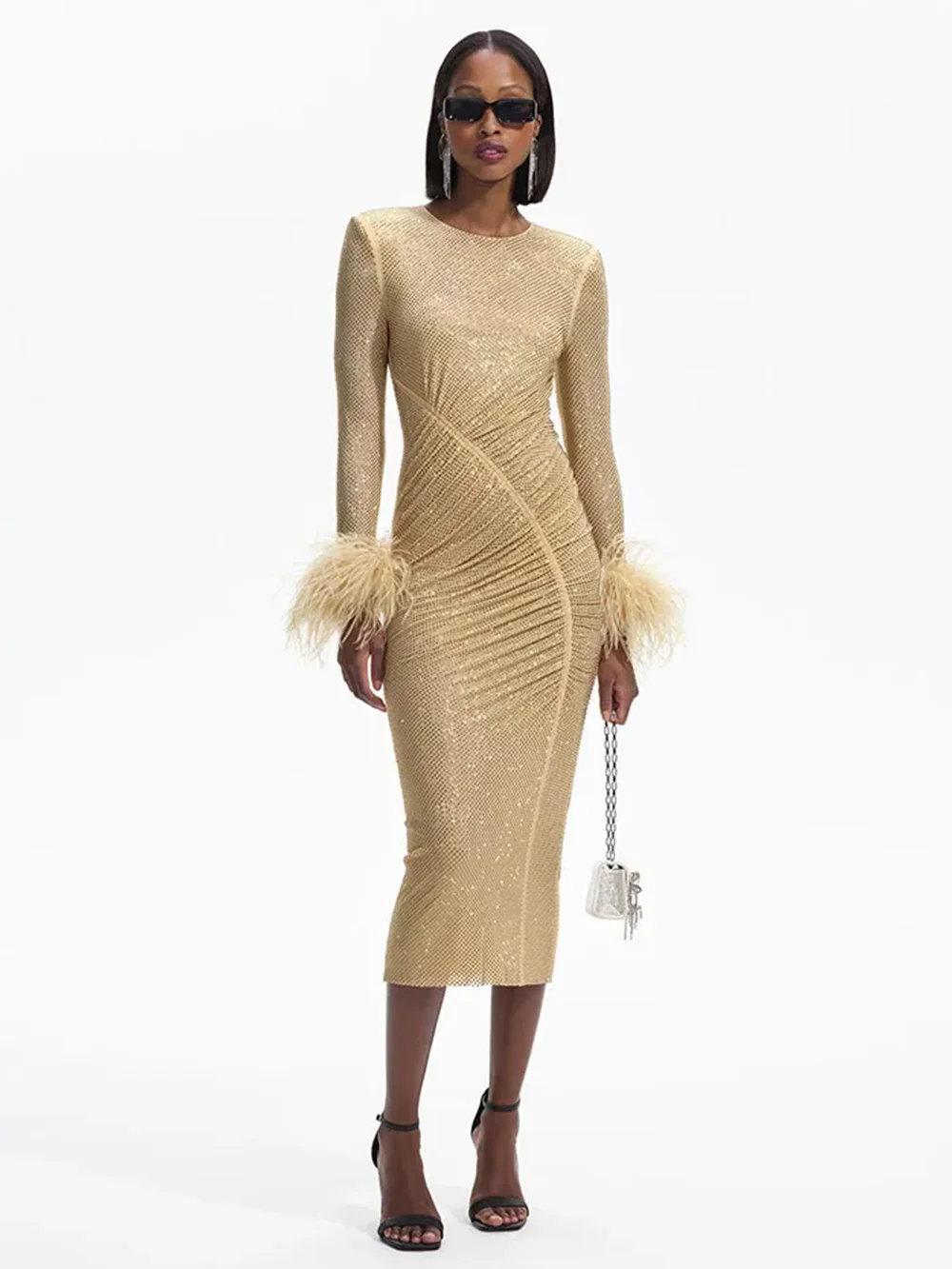 Modphy High-Quality Sexy O Neck Long Sleeve Diamond Feathers Bodycon Midi Dress Women Rhinestone Elegant Evening Party Gowns