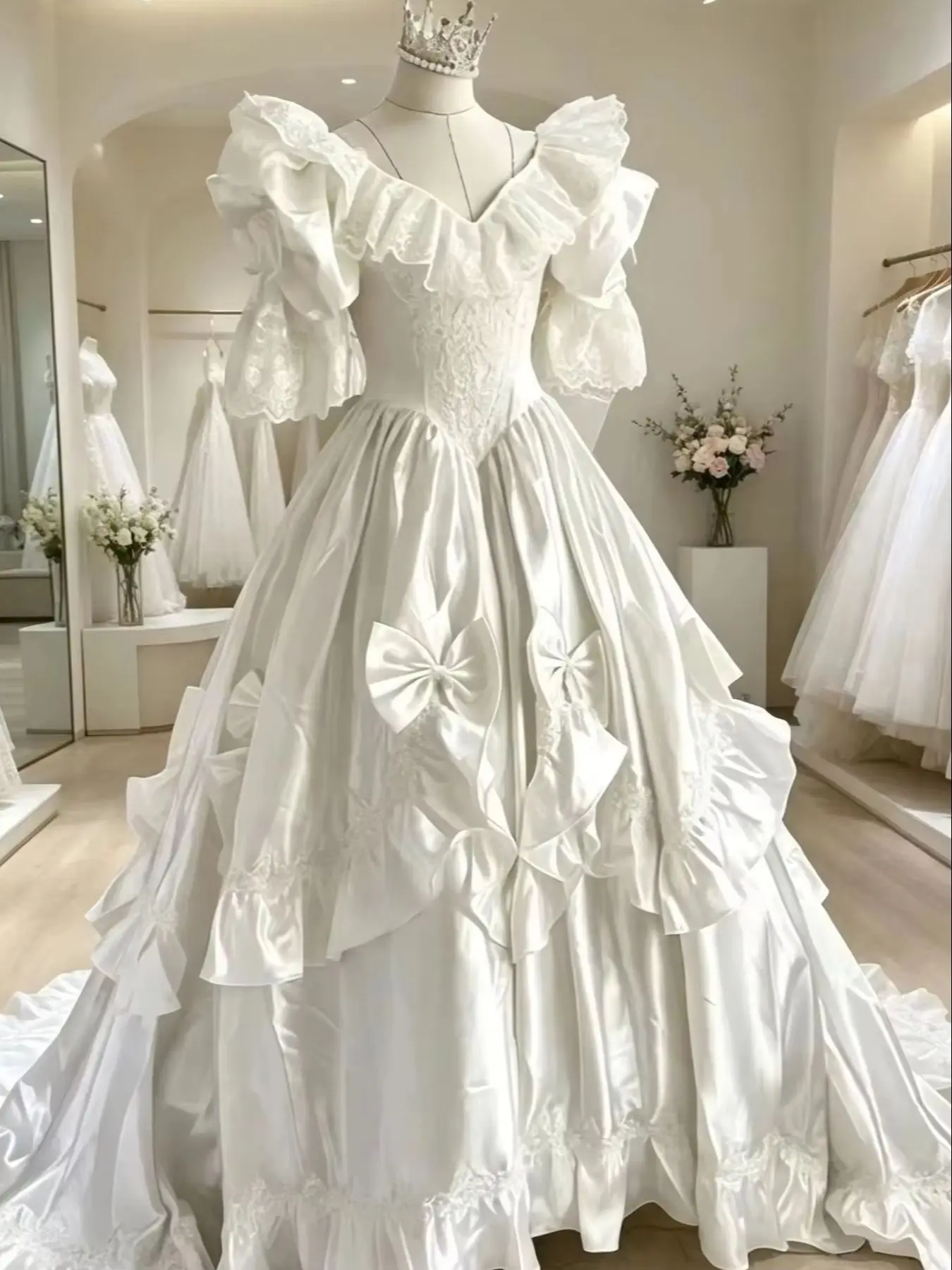 Vintage Victorian Wedding Dress Short Puff Sleeves Bow Design Ruffles A-Line Elegant Bridal Gown Customized 2025