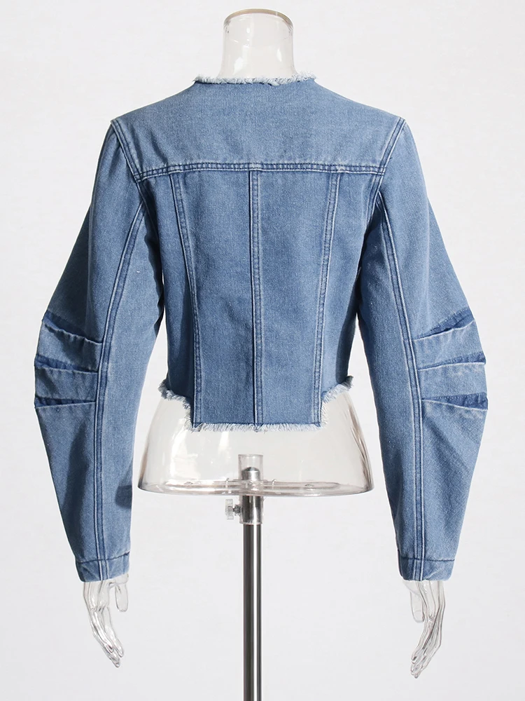 TWOTWINSTYLE Casual Chic Denim Coats For Women O Neck Long Sleeve Patchwork Covered Button Streetwear Jackets Female Fashion New