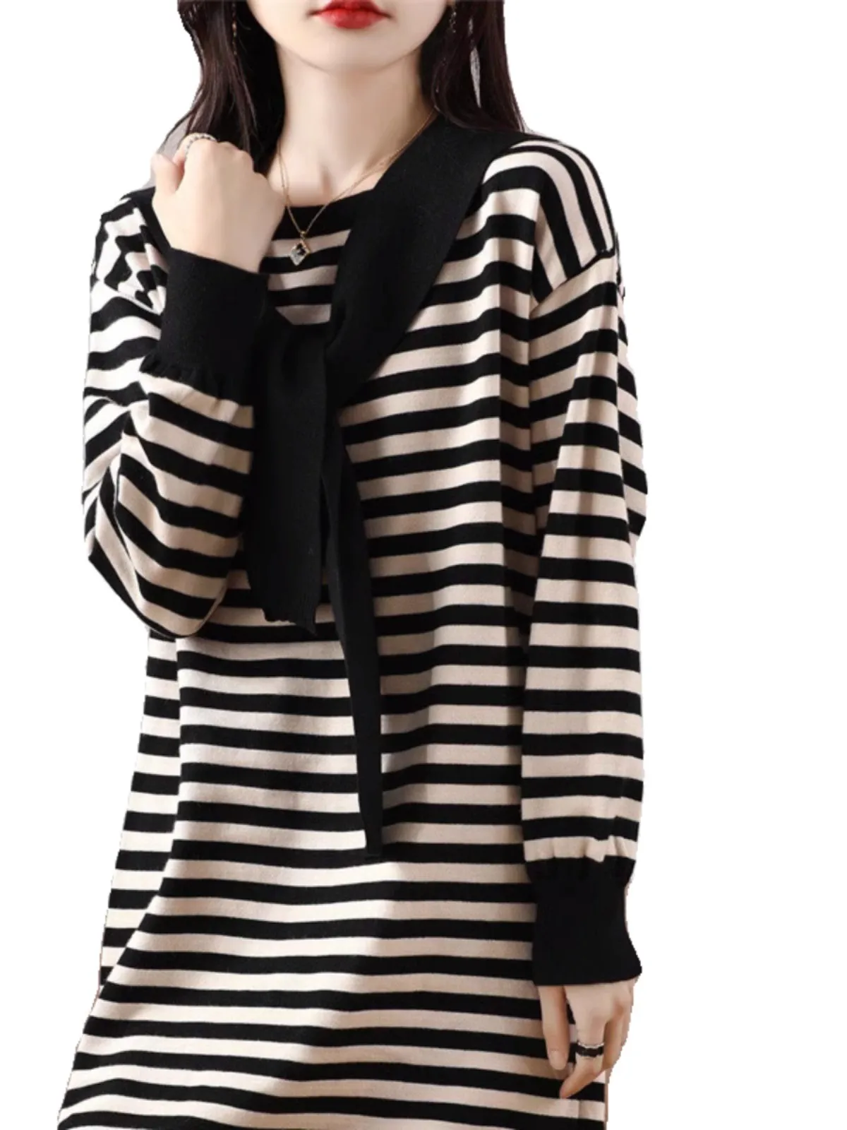 레트로 스트라이프 롱 니트 드 네비게이션 칼라 스트레이트 루즈 웜 미드-길이 스웨터 드 가을 겨울 신상