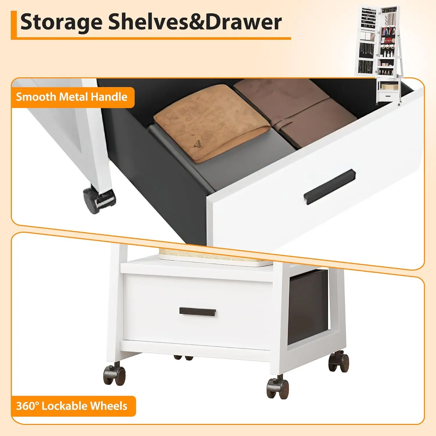 خزانة مجوهرات 4 في 1 مع مرآة وعجلات كاملة الطول، 360 درجة °   الدولاب للمجوهرات الدوارة، جوهرة مكياج قائمة بذاتها بطول 66 بوصة