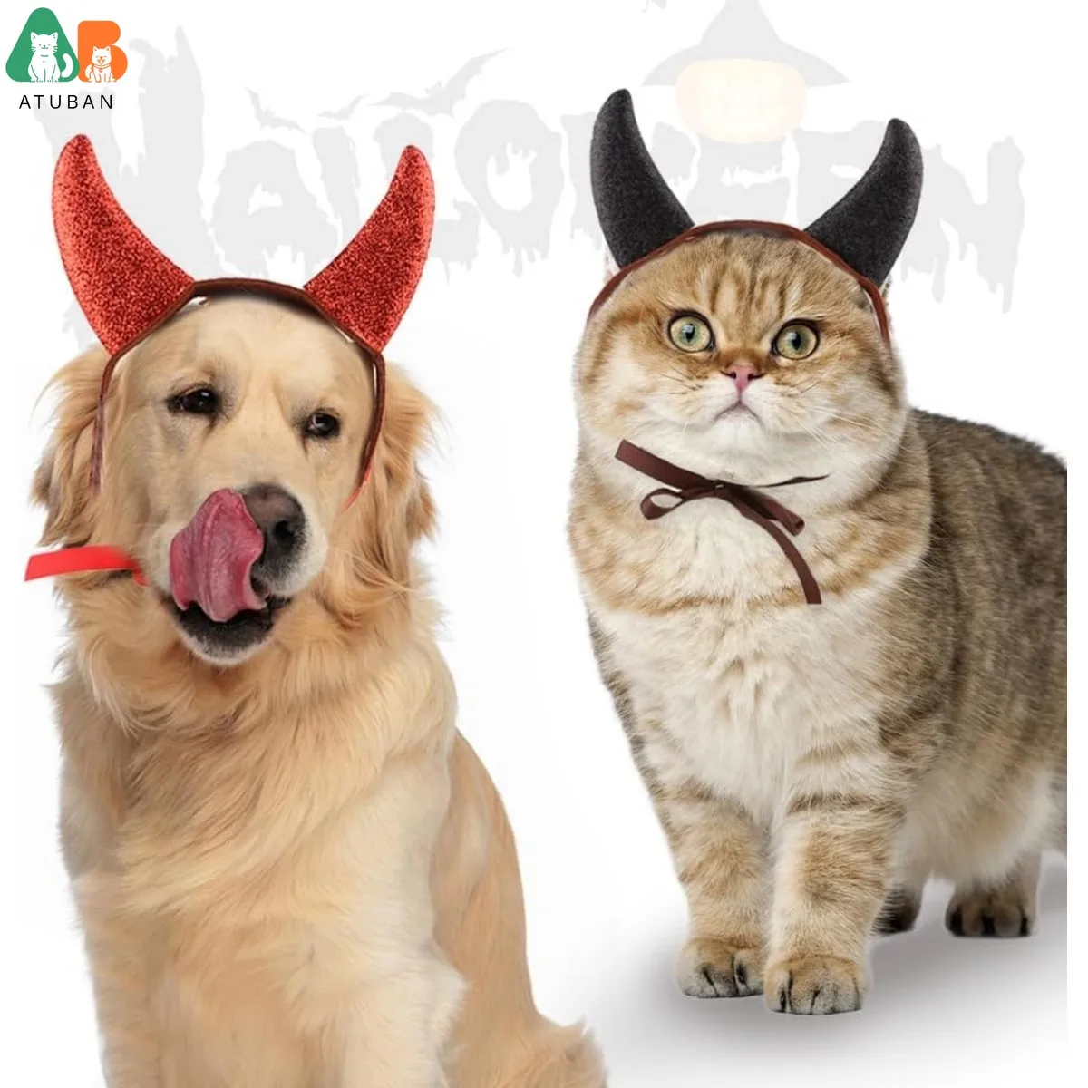 2Pcs Halloween Pet Costume Devil Horn Headdress Headband Accessory, Adjustable Strap Funny Demon Cosplay Dress Up Accessories