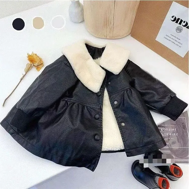 2024 Winter Infant Baby Girl Jacket Turn Down Collar Pu Leather Toddler Girl Coat Solid Long Sleeve Fleece Thicken Kid Girl Coat