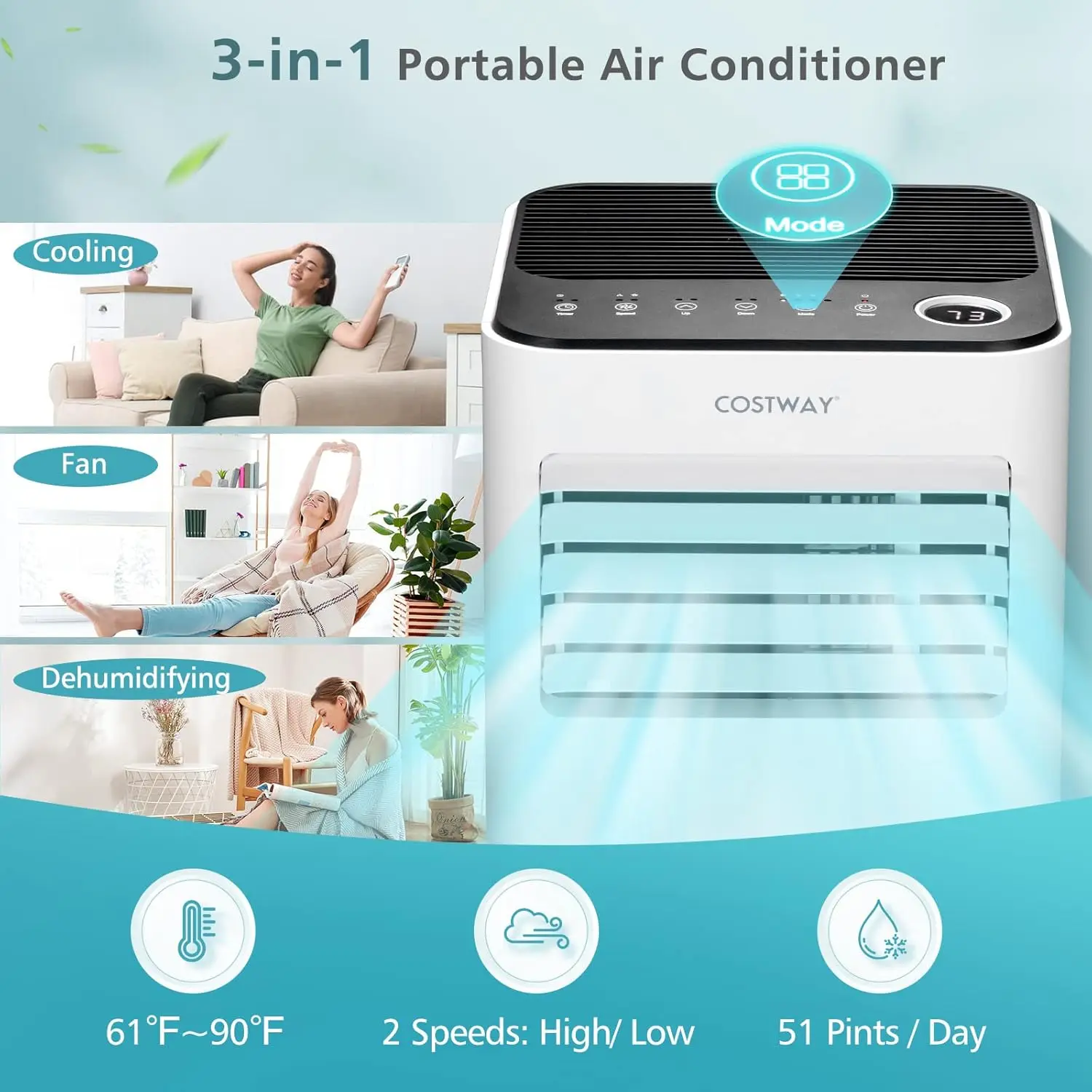 10000 BTU Portable Air Conditioner, with Fan & Dehumidifier Mode, Quiet AC Unit with Sleep Mode, 2 Speeds, 24H Timer LED Display