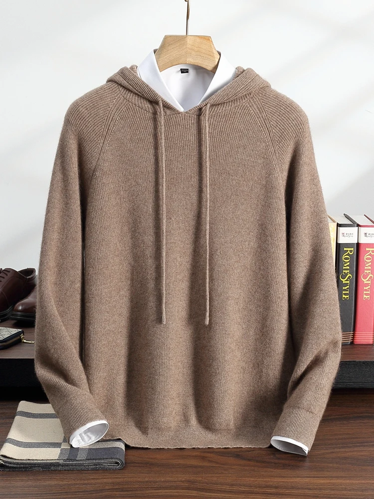 Autumn Winter New 100% Pure Cashmere Thick Gold Ingot Hoodie Men's Knitted Hooded Collar Pullover Casual Long Sleeved Menswear