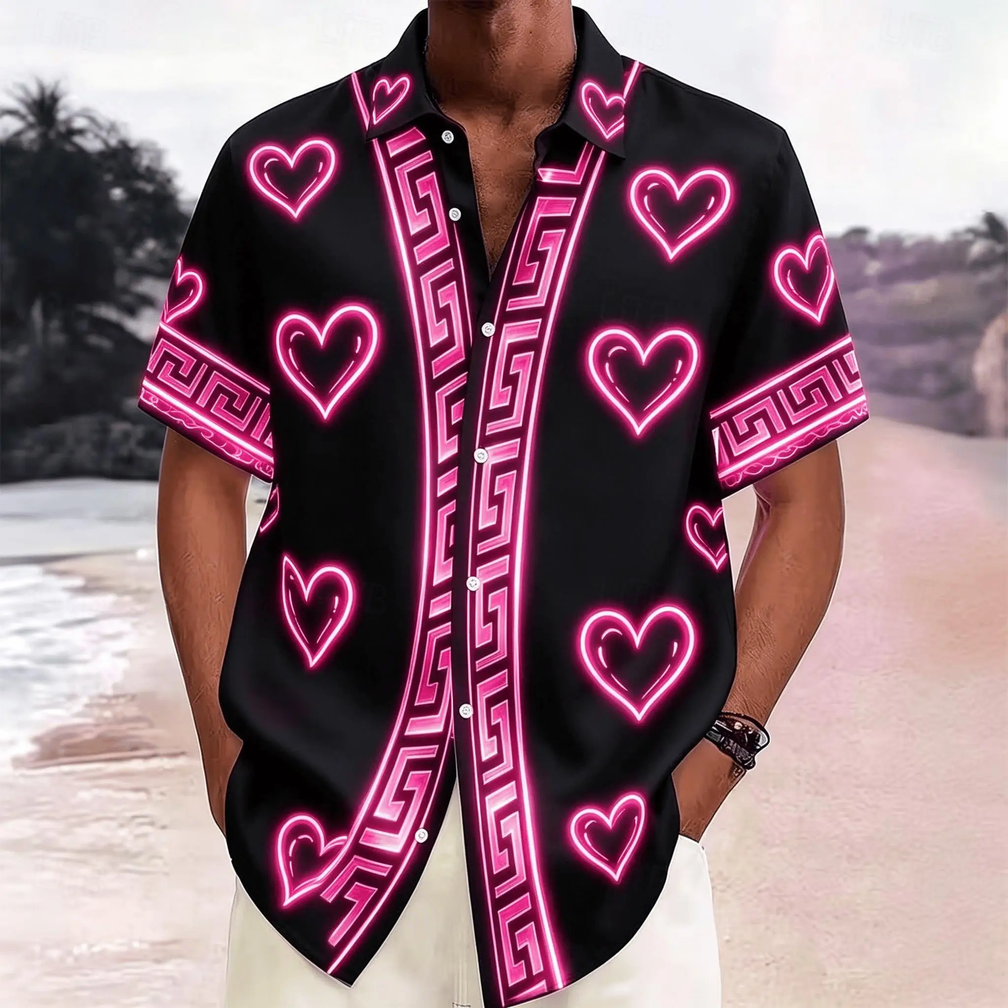 Men's Neon Pink Heart & Greek Key Print Shirt, Black Casual Short Sleeve for Summer