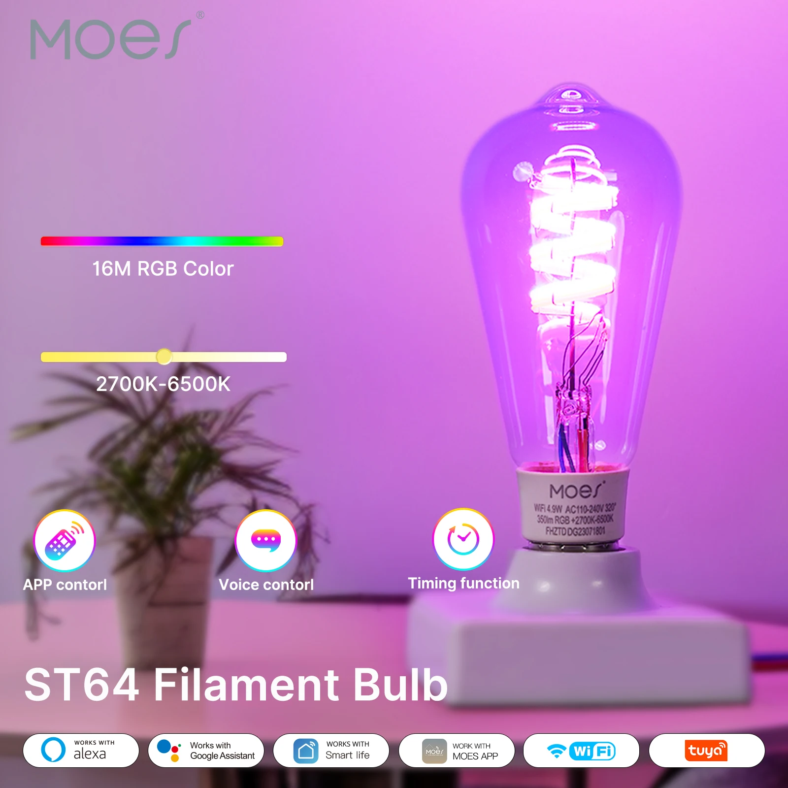 

MOES Tuya WiFi Smart ST64 Edison LED Light Bulbs 16 Million RGB Color Changing 2700K-6500K Dimmable Work with Alexa/Google Home