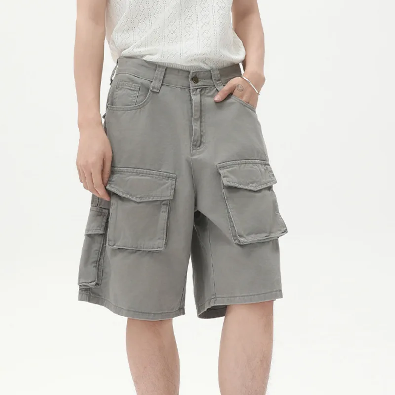 

SYUHGFA 2025 летние винтажные мужские шорты, модные трендовые потертые потертые мужские шорты длиной выше колена с несколькими карманами