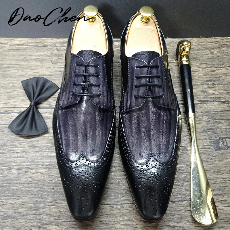 Luxury Brand Men Leather Shoes Lace Up Pointed Toe Black Mix Grey Mens Dress Shoes Wedding Office Oxford Shoes For Men