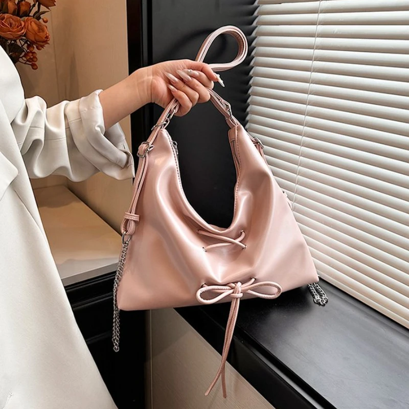 

Bow PU Solid Large Capacity Shoulder Bags 2024 Light Luxury Chains Casual Tote for Women Fashion Zipper Tote Bolsas De Ombro