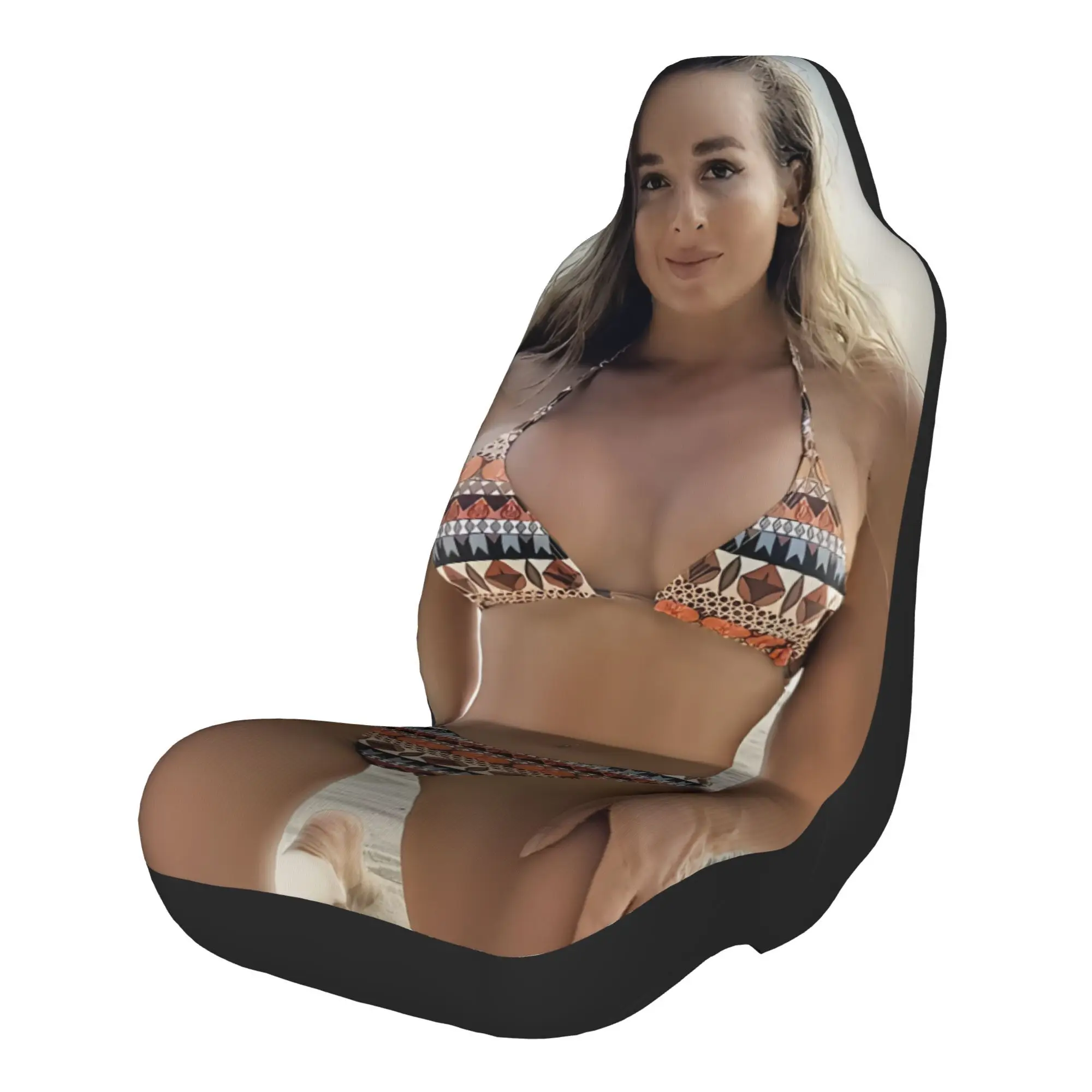 2pcs Vibrant Beach Vibes: Stylish Patterned Bikini Against The Ocean Horizon Universal Car Seat Covers, Suitable For All Car Mod
