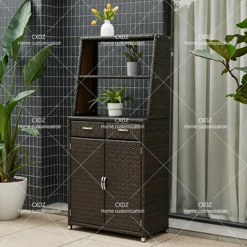 Outdoor Rattan Shoe Cabinet Waterproof Sunscreen Storage Locker with Flower Rack for Balcony Garden Home Entrance