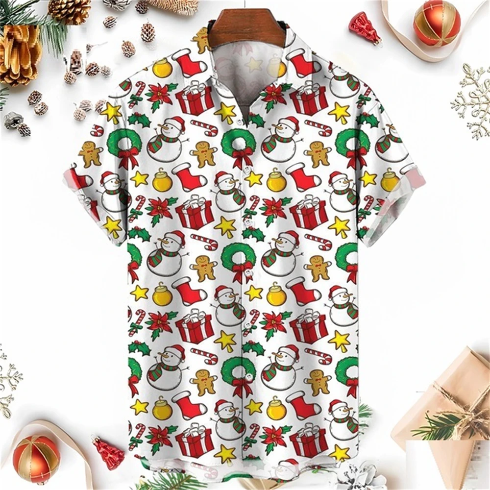 Xmas New Year Gingerbread Christmas Hawaiian Shirt Men's 3D Snowman Print Street Short Sleeved Loose Clothes for Men Clothing