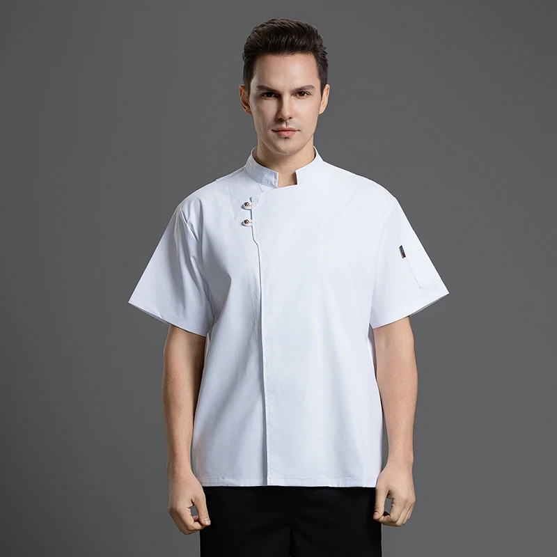 Uniforme de Chef respirável para homens, jaqueta cozinheiro para cozinha, padaria e restaurante, camisa estilo unissex para hotel e garçom, manga curta