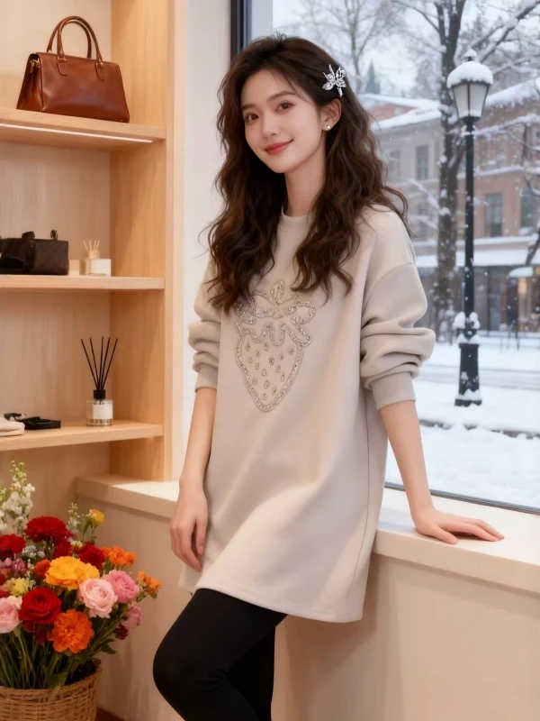 

Женская весенняя свободная кофта больших размеров с клубничными стразами, уникальный суперкрасивый топ в корейском стиле