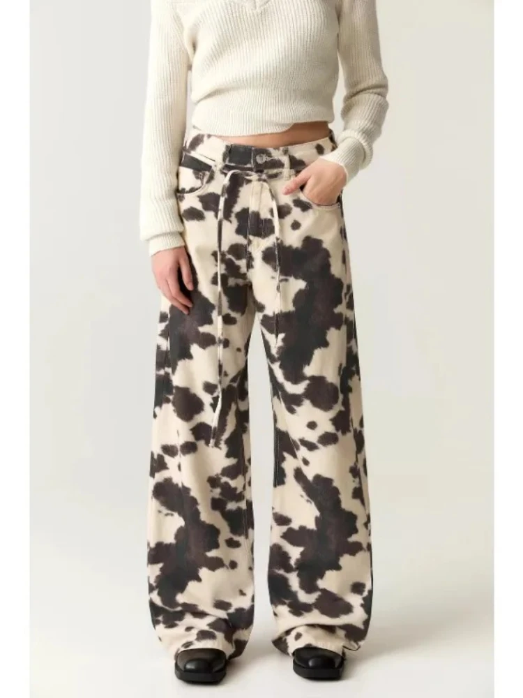 

HOUZHOU Vintage Cow Print Women Jeans Y2k Washed Wide Leg American Style Straight Denim Pants Baggy Grunge Streetwear Aesthetic
