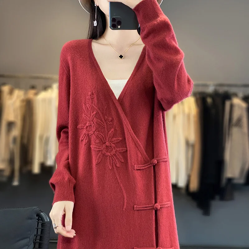 

Chinese Style Dresses 100% Cashmere and Wool Knit V-neck Jumpers 2023 New Fashion Winter Lady Pullovers NJ01