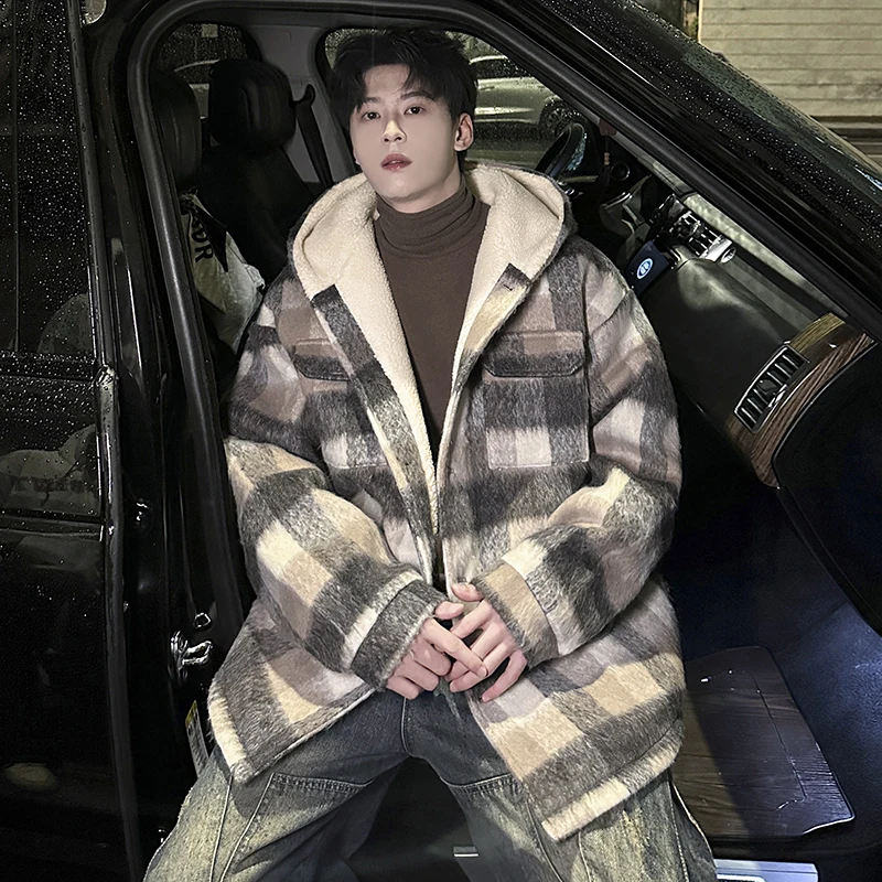 

Thiened Plaid Hooded Woolen Jaet Cotton Coat Men's Outerwear Dongda Gate Autumn Winter Faion Retro Sle Warmth Polyest...