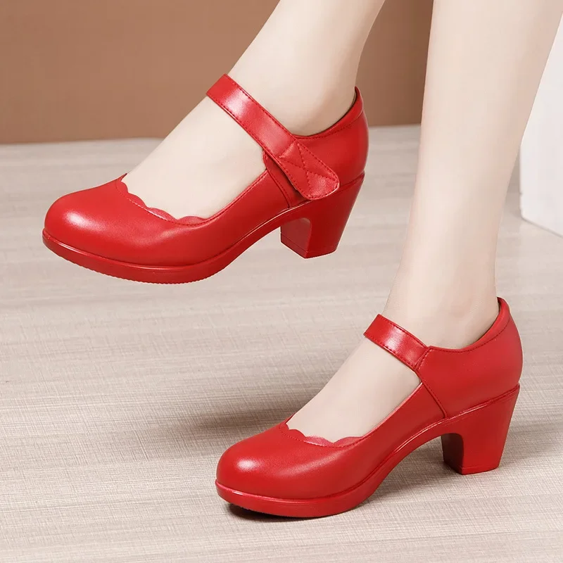 Small Size 32-43 Medium Block Heels Wedding Shoes Women Red White 2024 Comfortable Mary Janes Platform Pumps for Dance Mother