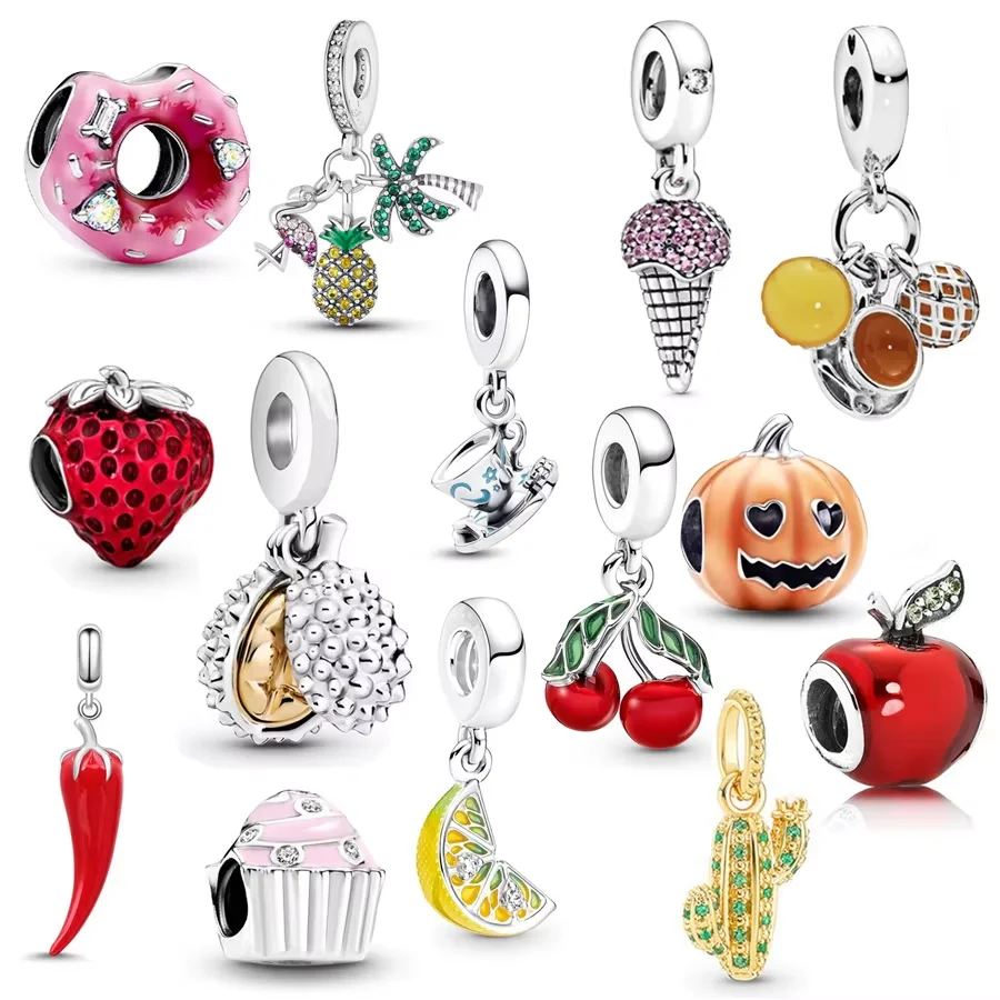 NEW Fruit Strawberry Cherry Durian & Bubble Tea Dangle Charm Bead Fit Original 925 Sterling Silver Bracelet Fine Jewelry