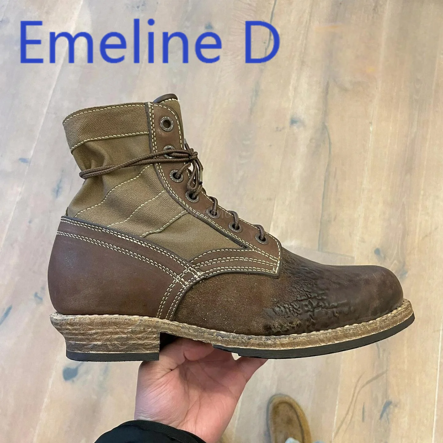 

Retro Knight Boots Fashion Leather Splicing Canvas Lace Design Men's Round Head Thick Bottom Tall Dark Brown Short Leg Boots